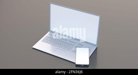 Telefono cellulare a schermo vuoto su un computer portatile bianco con schermo vuoto, sfondo grigio, visualizzazione ad angolo alto. illustrazione 3d Foto Stock