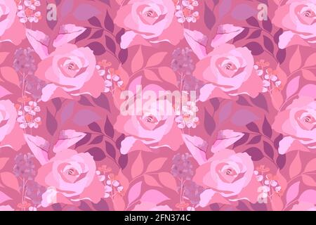 Motivo floreale vettoriale senza cuciture. Rose rosa delicate, foglie viola. Illustrazione Vettoriale