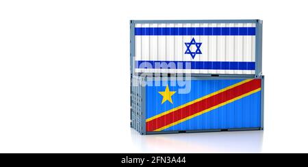 Due container con bandiera di Israele e Repubblica Democratica del Congo. Copia spazio sul lato sinistro - rendering 3D Foto Stock