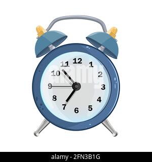Sveglia isolata su sfondo bianco. Sveglia blu retrò in stile cartoon. Sveglia con campanello. Simbolo del mattino. Illustrazione vettoriale stock Illustrazione Vettoriale