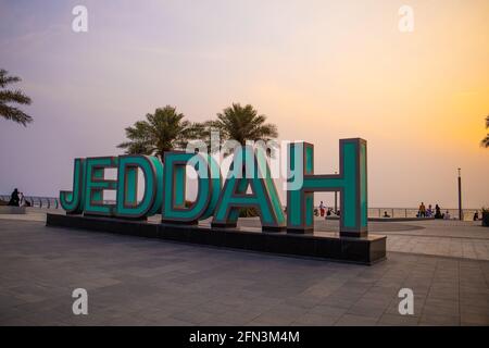 Jeddah, Arabia Saudita - 30 aprile 2021: Insegna di Jeddah a New Faggio, Waterfront Foto Stock