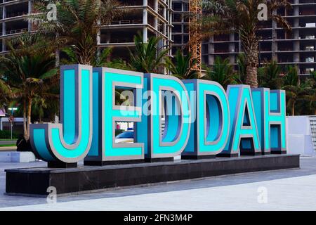 Jeddah, Arabia Saudita - 30 aprile 2021: Insegna di Jeddah a New Faggio, Waterfront Foto Stock