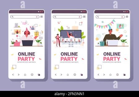 impostare la gente festive cappelli celebrare la festa di compleanno on-line mix corsa uomini donne in smartphone schermo divertirsi Illustrazione Vettoriale