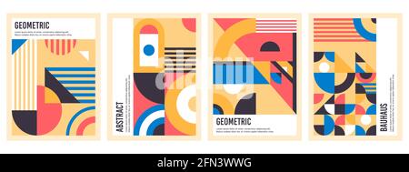 Poster Bauhaus. Disegni geometrici astratti, cerchi, triangoli e banner vettoriali quadrati bauhaus. Poster grafici di design bauhaus Illustrazione Vettoriale