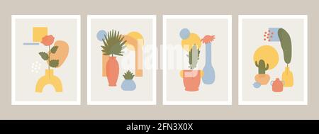 Poster dei vasi astratti. Vasi minimalisti astratti, fiori e foglie forme, disegnati a mano still life vettore illustrazione set. Arte astratta contemporanea Illustrazione Vettoriale