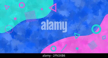 Immagine acquerello brillante con forme geometriche in colore neon in stile memphis. Foto Stock