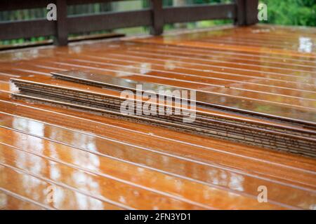 IPE terrazza in legno duro in giorno piovoso. Primo piano. Foto Stock