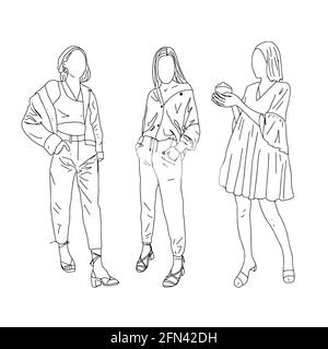 Tre ragazze in diversi stili di abbigliamento. Stile lineare. Illustrazione vettoriale. Illustrazione Vettoriale