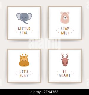 Carino animali boho. Poster scandinavi per carta da parati per bambini e arredamento per la casa. Simpatico vettore pastello illustrazione in stile cartoon Illustrazione Vettoriale