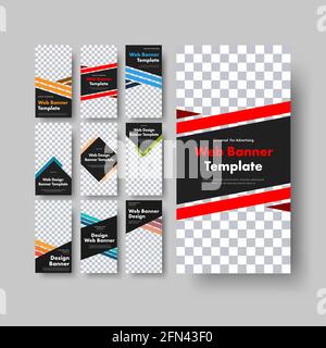 Set di striscioni verticali in bianco e nero con posto per foto, linee diagonali a colori e rombi. Modelli di dimensioni standard per aziende e pubblicità. Vect Illustrazione Vettoriale