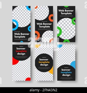 Set di banner Web verticali vettoriali con posizione per elementi di disegno a colori rotondi e immagini. Modelli in nero. Illustrazione Vettoriale