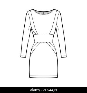 Abito pannello tubo illustrazione tecnica moda con la silhouette in clessidra, maniche lunghe, corpo montato, mini gonna lunghezza. Parte anteriore dell'abbigliamento piatto, colore bianco. Donne, uomini, unisex CAD mockup Illustrazione Vettoriale