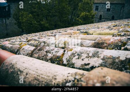 tetto con vecchie piastrelle di colore scuro, tra nero e grigio. Creare una ripetizione con texture da una prospettiva angolata Foto Stock
