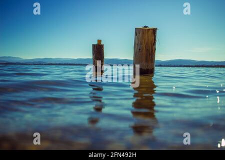 due pali di legno lavati dalle acque del lago con le montagne sullo sfondo Foto Stock