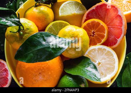 piatto con citrus arance, mandarini, pompelmo e lime primo piano Foto Stock
