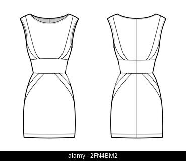 Abito pannello tubo illustrazione tecnica moda con la silhouette in clessidra, senza maniche, corpo montato, mini gonna lunghezza. Abbigliamento piatto, anteriore, posteriore, colore bianco. Donne, uomini, unisex CAD mockup Illustrazione Vettoriale