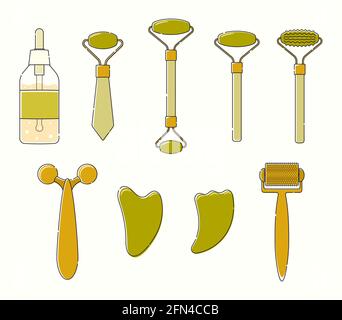 Set di dispositivi per il massaggio facciale Line ART. Gua sha, rullo, scultura, olio. Illustrazione Vettoriale