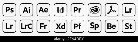 VINNYTSIA, UCRAINA - MAGGIO 11 2021: Insieme dei prodotti popolari delle icone di Adobe. Segno di stile lineare per il concept mobile e il web design. Editoriale vettore Illustrat Illustrazione Vettoriale
