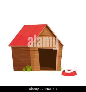 Divertente doghouse, canile di legno in stile cartone animato isolato su sfondo bianco. Costruzione infantile comica con tetto e ciotola con osso. Illustrazione vettoriale Illustrazione Vettoriale