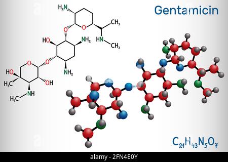 Molecola di gentamicina. È un antibiotico aminoglicosidico ad ampio spettro. Formula chimica strutturale e modello molecolare. Illustrazione vettoriale Illustrazione Vettoriale