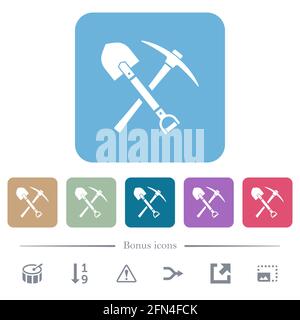icone piatte bianche di shovel e piccone su sfondi quadrati arrotondati di colore. 6 icone bonus incluse Illustrazione Vettoriale