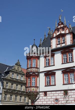 Coburg, Town House con un Gazebo e pittoresche Case antiche, alta Franconia, Baviera, Germania Foto Stock