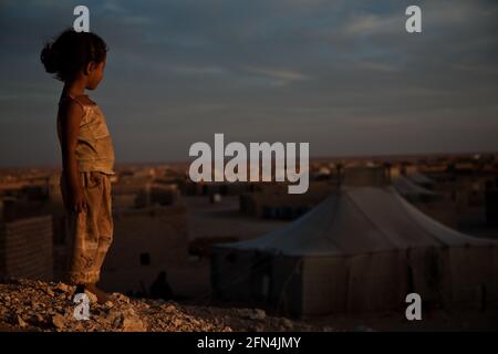 Campo profughi di Smara, Tindouf, Algeria. Glana, di 4 anni, guarda gli ultimi raggi di sole cadere sul campo. Jaima (tenda) della sua famiglia sullo sfondo Foto Stock