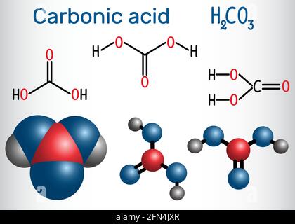 Molecola di acido carbonico (H2CO3). È anche una soluzione di anidride carbonica in acqua (acqua gassata). Formula chimica strutturale e modello molecolare. V Illustrazione Vettoriale
