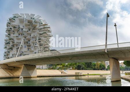 Vista sul fiume Lez e l'iconico edificio l'arbre blanc a Montpellier, Francia Foto Stock