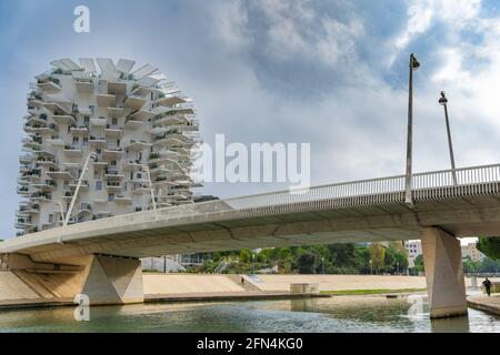 Vista sul fiume Lez e l'iconico edificio l'arbre blanc a Montpellier, Francia Foto Stock