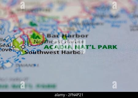 Acadia National Park Maine USA mostrato su una mappa geografica o mappa stradale Foto Stock
