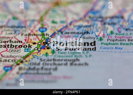 Portland Maine USA mostrato su una mappa geografica o su una strada mappa Foto Stock