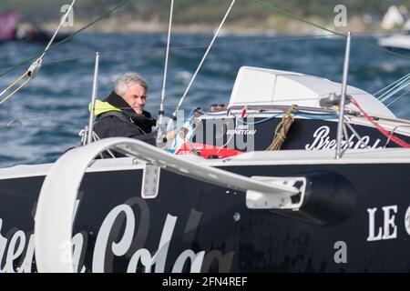 Concarneau, Francia. 13 maggio 2021. Gildas Mahe, Breizh Cola durante la Transat en Double 2021 ( Concarneau - Saint-Barthelemy ), inizia la corsa di vela Figaro 3 Beneteau il 13 maggio 2021 a Concarneau, Francia - Foto Nicolas Pehe/DPPI Credit: DPPI Media/Alamy Live News Foto Stock