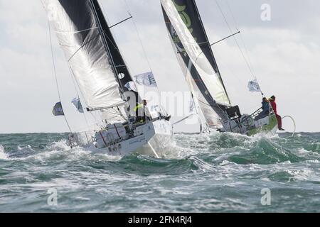 Concarneau, Francia. 13 maggio 2021. Ambiance durante la Transat en Double 2021 ( Concarneau - Saint-Barthelemy ), inizia la corsa di vela Figaro 3 Beneteau il 13 maggio 2021 a Concarneau, Francia - Foto Nicolas Pehe/DPPI Credit: DPPI Media/Alamy Live News Foto Stock