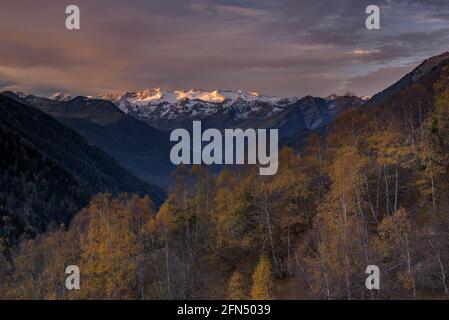 Alba rossastra sul massiccio innevato delle Maladetas e sulla vetta di Aneto. Vista dalla valle di Varradòs in autunno (Valle di Aran, Catalogna, Spagna) Foto Stock