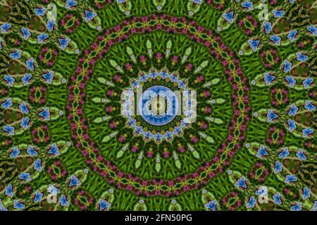 Kaleidoscope verde astratto modello sfondo di farfalle blu, foto stock Foto Stock