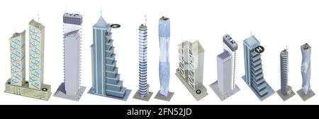 Set di edifici finanziari alti altamente dettagliati con design immaginario e riflessi cielo nuvoloso - isolato, vista dall'alto, illustrazione 3d dell'architettura Foto Stock