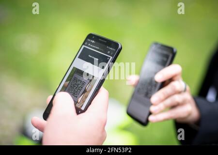 Ebersberg, Germania. 14 maggio 2021. Durante un evento stampa, un dipendente dell'Ebersberg Vaccination Center utilizza il suo smartphone per eseguire la scansione del codice QR sullo smartphone di una donna nell'interfaccia del concetto di passaporto digitale per la vaccinazione "vivo Digital Health Passport" per controllare il certificato di vaccinazione Covid-19. Durante la visita, il ministro si informa sulle esperienze del centro di vaccinazione con il concetto di passaporto di vaccinazione digitale "Alive Digital Health Pass". Credit: Attias Balk/dpa/Alamy Live News Foto Stock