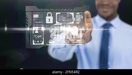 Composizione di icone di sicurezza digitale su uomo da corsa misto Foto Stock