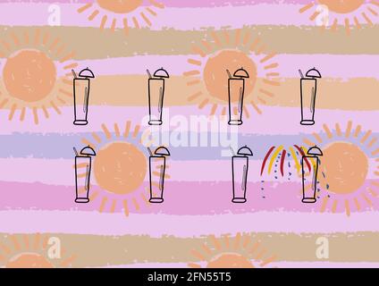 Composizione di cocktail estivi al sole e strisce di viola sfondo Foto Stock