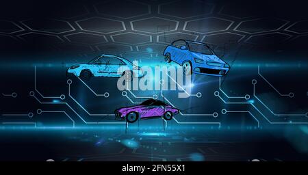 Composizione di esagoni digitali e circuiti stampati su disegni di automobili Foto Stock