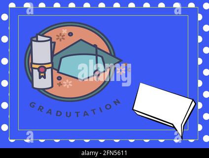 Composizione di cappello di laurea e certificato con bolla di parola in cornice su sfondo blu Foto Stock