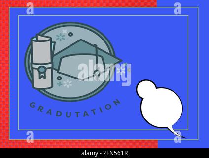 Composizione di cappello di laurea e certificato con bolla di parola in cornice su sfondo blu Foto Stock