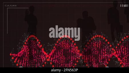 Composizione del filamento di dna e elaborazione dei dati sulle sagome delle persone su sfondo marrone Foto Stock