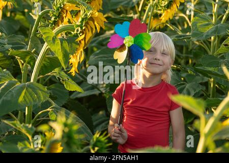 Il preschooler biondo felice con un mulino a vento giocattolo nelle sue mani si leva su un campo verde. Ecocompatibile. Foto Stock