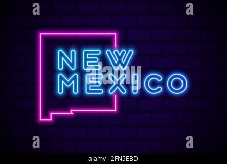 New mexico Stati Uniti lampada al neon incandescente segno vettore realistico Immagine Brick blu a parete Illustrazione Vettoriale