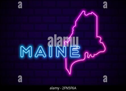 maine Stati Uniti lampada al neon incandescente segno realistico vettore illustrazione Parete blu mattone bagliore Illustrazione Vettoriale
