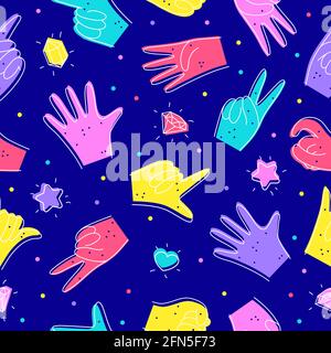 Modello senza cuciture con mani diverse. Illustrazione in stile doodle. Designazione dei numeri con le mani, i gesti. Design piatto. Vettore trendy disegnato a mano. Per la stampa su tessuti, sfondi, copertine. Illustrazione Vettoriale