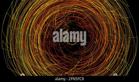 Rotazione con linee sottili aggrovigliate su sfondo nero. Struttura grafica complicata Foto Stock