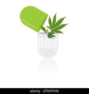 Capsule CBD e foglie verdi di marijuana medica isolate su sfondo bianco. Canapa sana, cannabis, illustrazione vettoriale. Illustrazione Vettoriale